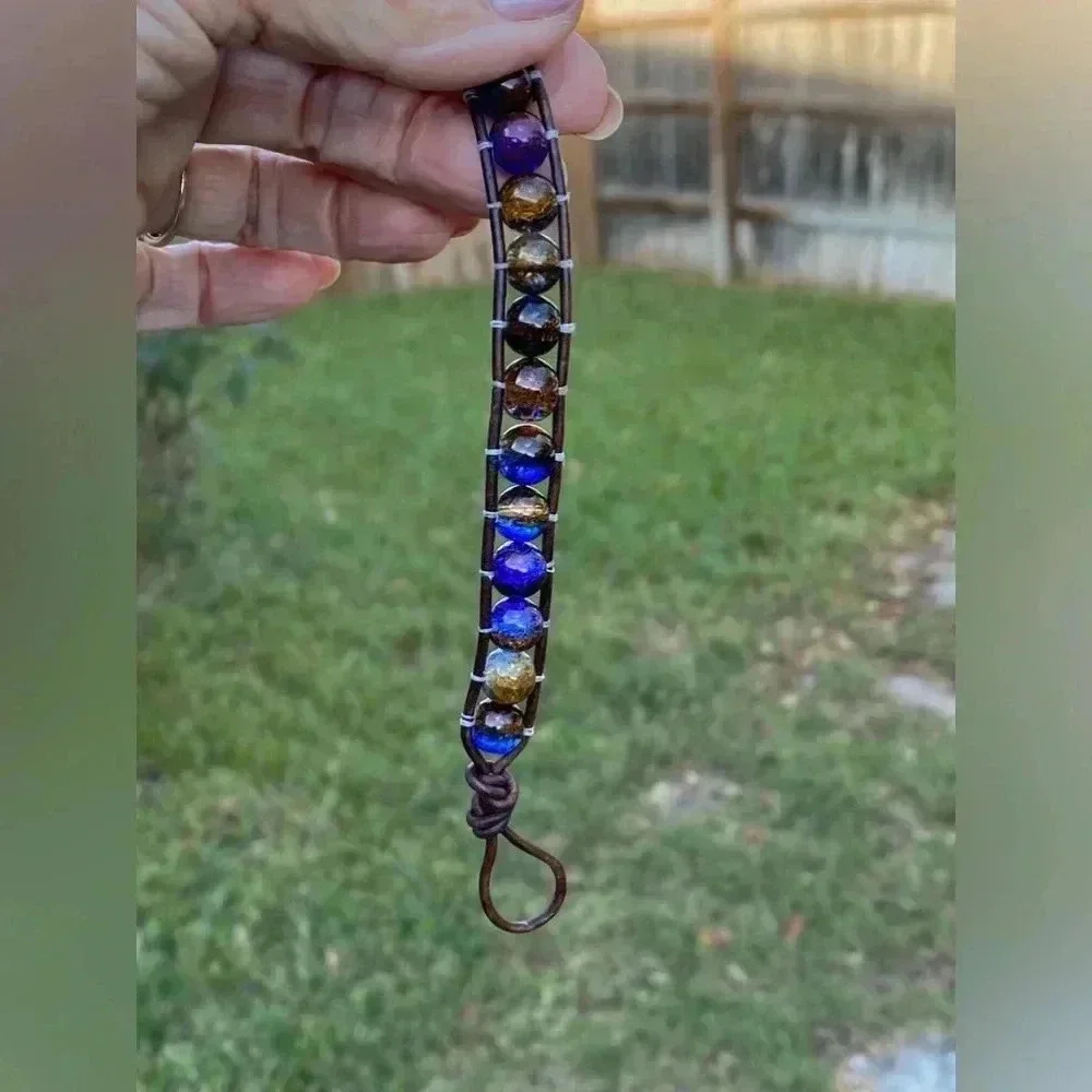 Handmade Men’s Adjustable Blue Brown Glass Bead Real Leather Bracelet